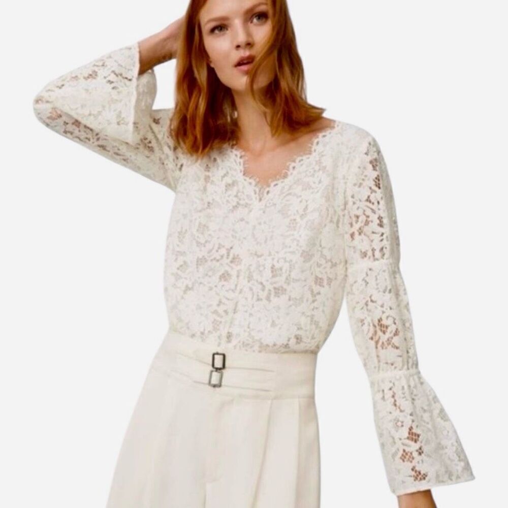 Club Monaco Jarne Ivory V-Neck Lace Blouse Size Medium
